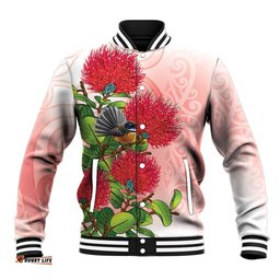 New Zealand Fantail Baseball Jacket Maori Koru With Pohutukawa Flowers LT05