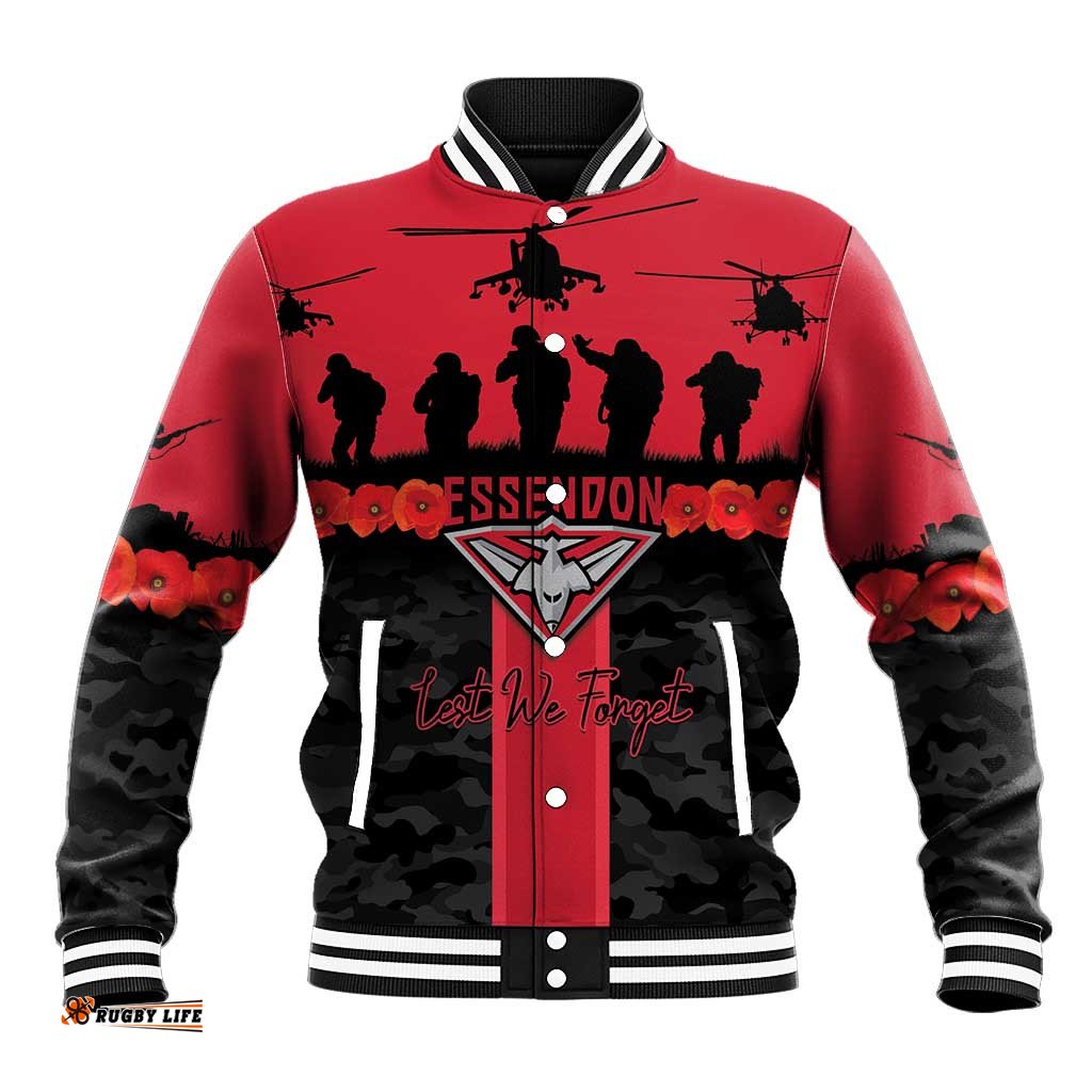 Personalised Essendon Football ANZAC Day Baseball Jacket Bombers Poppy Lest We Forget LT14