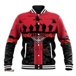 Personalised Essendon Football ANZAC Day Baseball Jacket Bombers Poppy Lest We Forget LT14