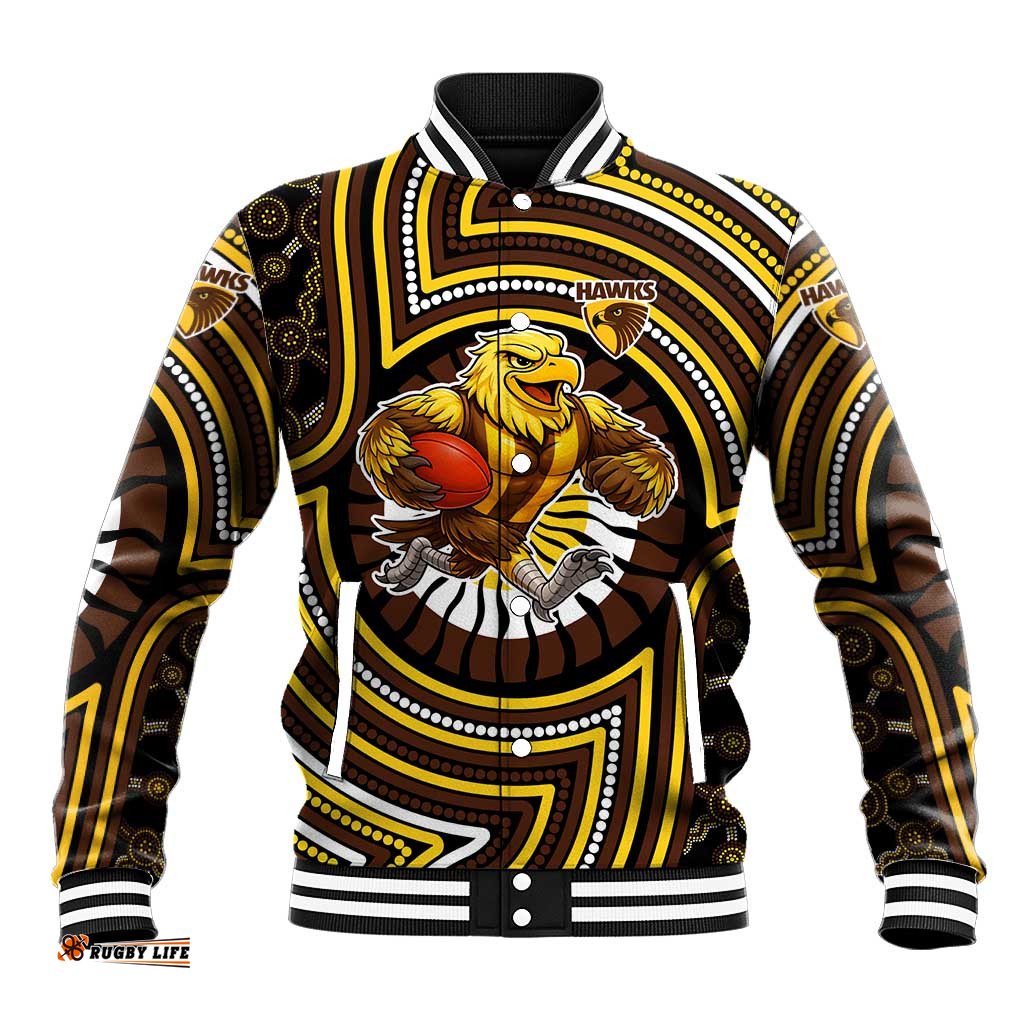 Hawthorn Hawks Baseball Jacket Indigenous Monochrome Dot Art Mascot Style TS04