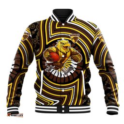 Hawthorn Hawks Baseball Jacket Indigenous Monochrome Dot Art Mascot Style TS04