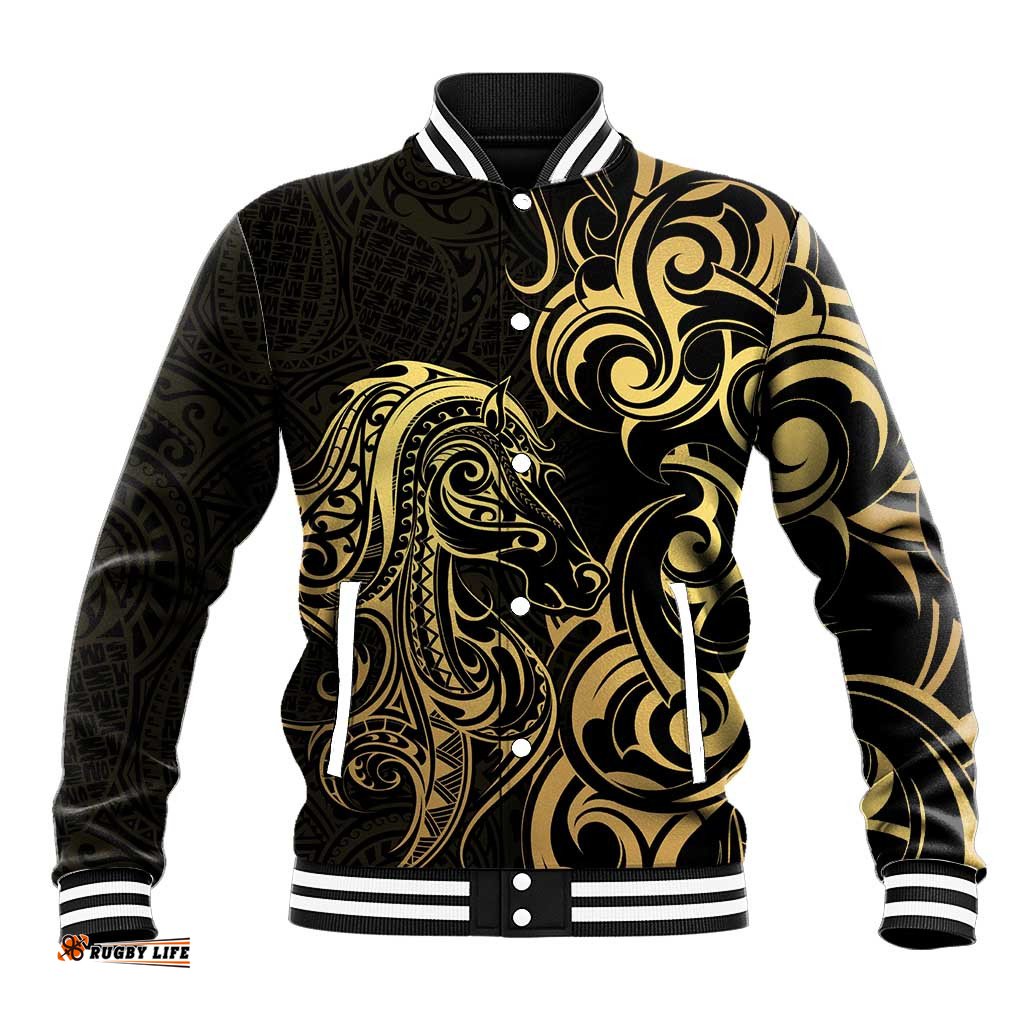 Gold And Black Aoteara Horse Racing Baseball Jacket NZ Maori Pattern LT14