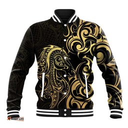 Gold And Black Aoteara Horse Racing Baseball Jacket NZ Maori Pattern LT14