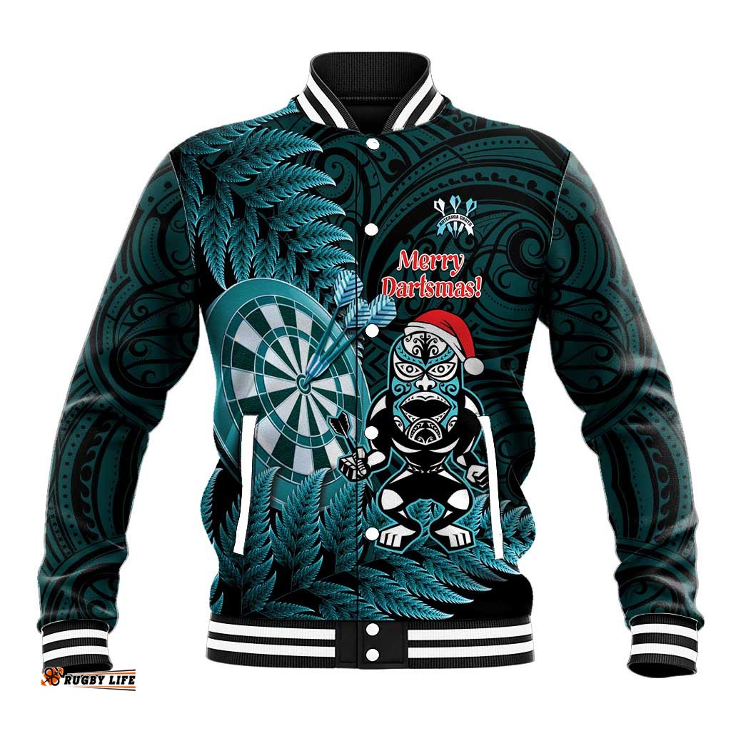 Personalised New Zealand Darts Christmas Baseball Jacket Maori Fern Merry Dartsmas LT14