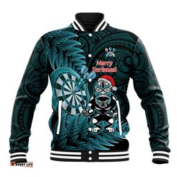 Personalised New Zealand Darts Christmas Baseball Jacket Maori Fern Merry Dartsmas LT14