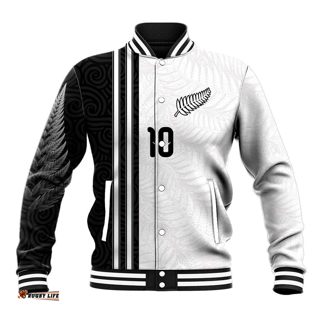 Custom New Zealand Football Baseball Jacket Silver Fern and Maori Tribal Black White Half Sporty Style LT03