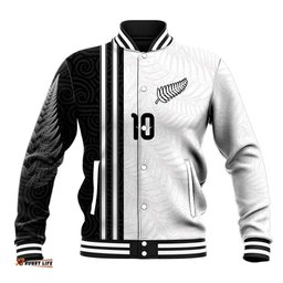Custom New Zealand Football Baseball Jacket Silver Fern and Maori Tribal Black White Half Sporty Style LT03