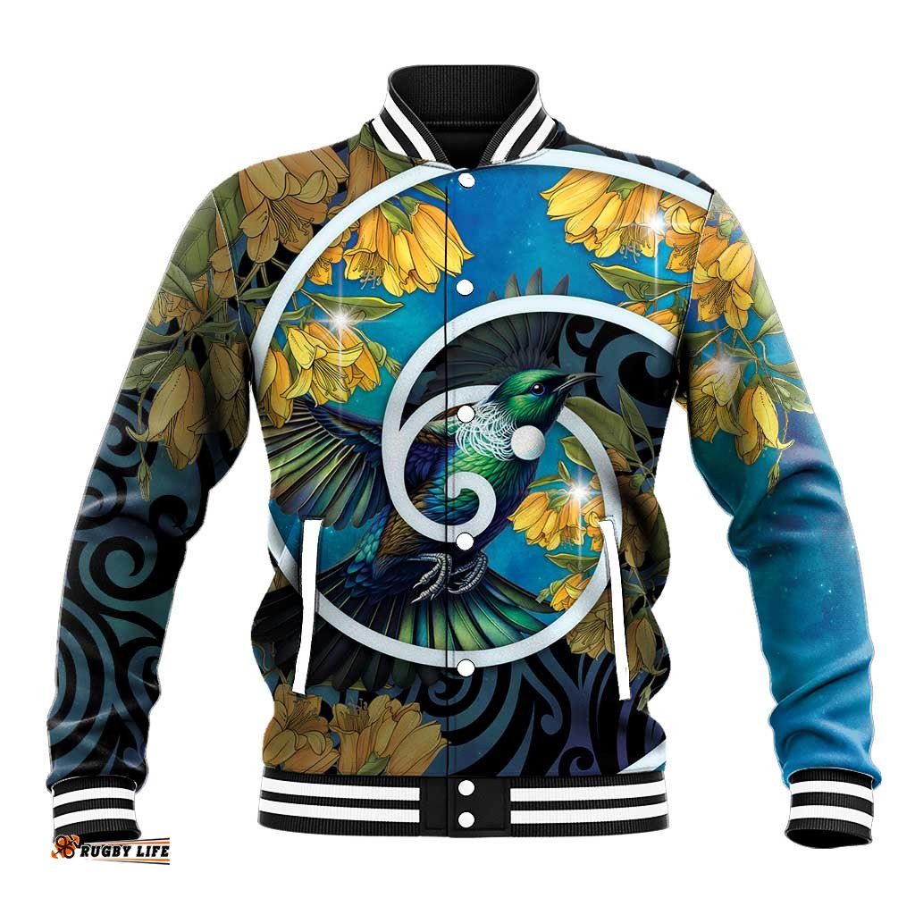 New Zealand Tui Bird Baseball Jacket Maori Koru With Kowhai Flowers LT05