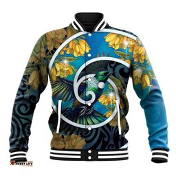 New Zealand Tui Bird Baseball Jacket Maori Koru With Kowhai Flowers LT05
