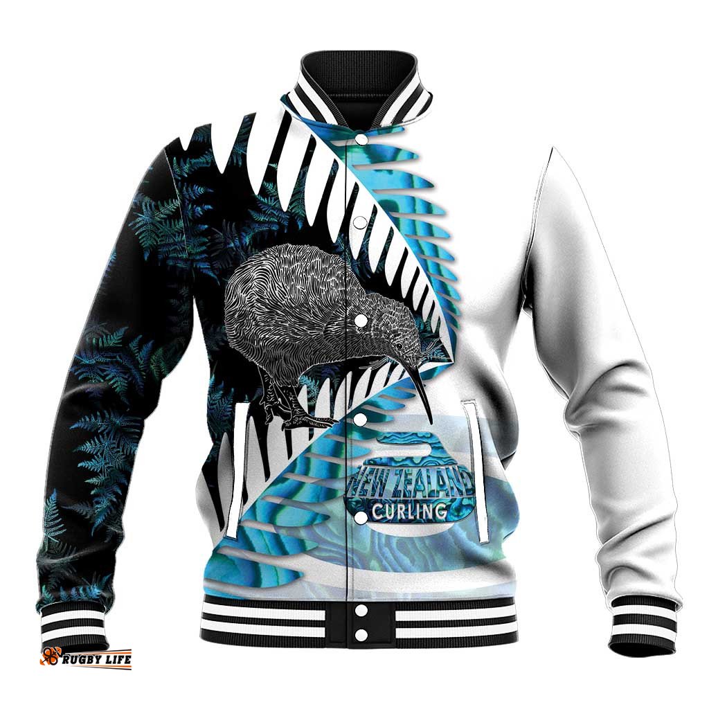 New Zealand Silver Fern Curling Personalised Baseball Jacket Aotearoa Kiwi Ponga Paua Shell Version LT14