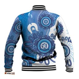 NAIDOC Week 2026 Baseball Jacket 50 Years Deadly Dhari Blue Aboriginal Art LT14