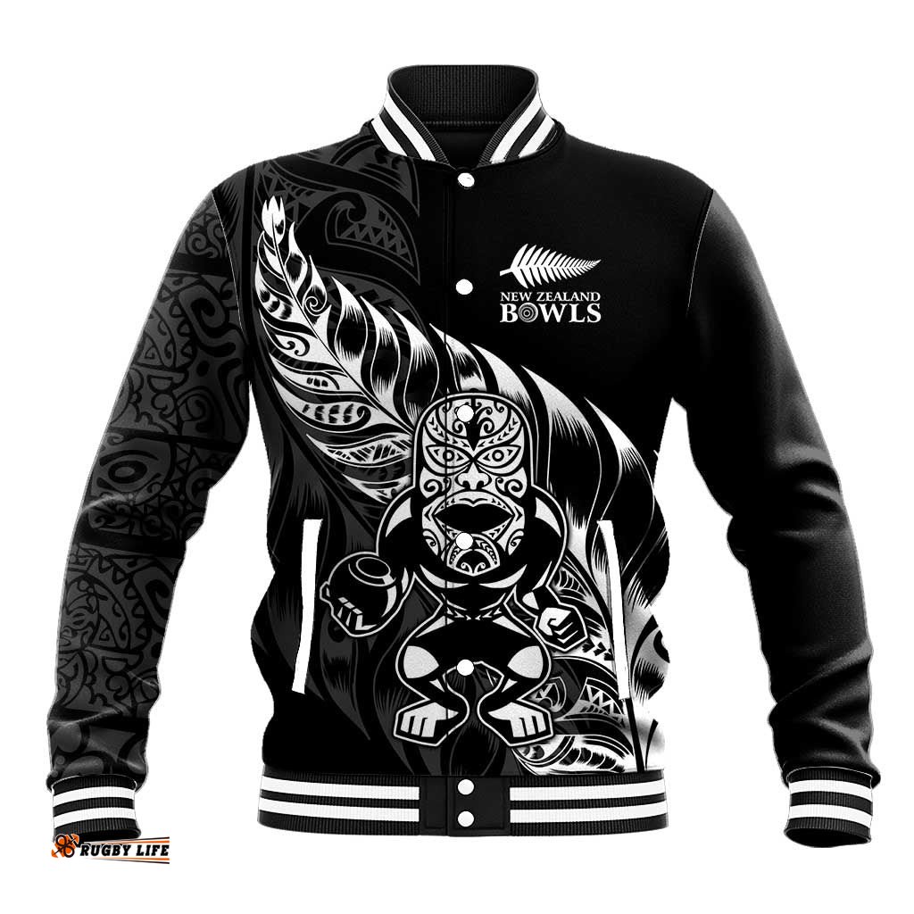 New Zealand Lawn Bowls Custom Baseball Jacket Black Maori Warrior Tribal Silver Fern LT9