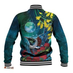 New Zealand Tui Bird Baseball Jacket Maori Koru With Pohutukawa Galaxy Style LT05