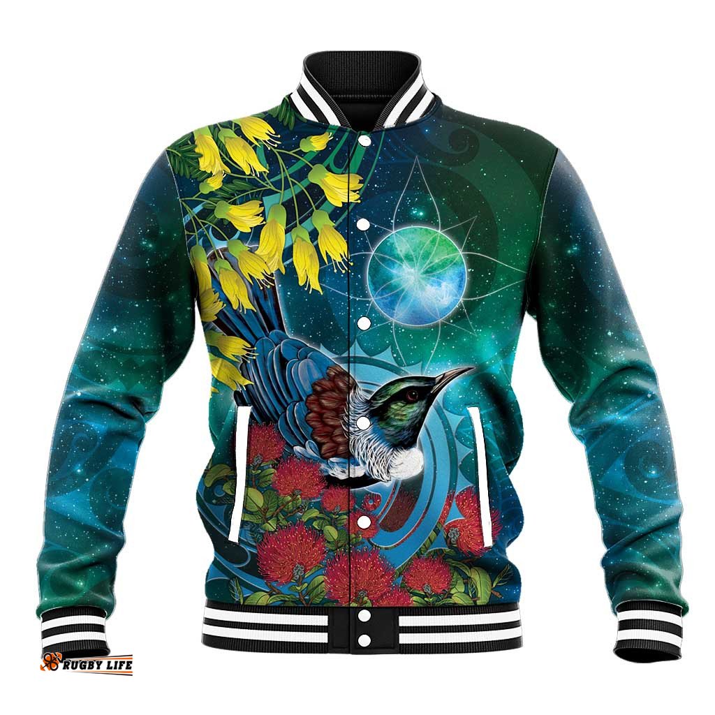 New Zealand Tui Bird Baseball Jacket Maori Koru With Pohutukawa Galaxy Style LT05