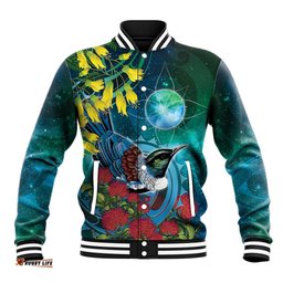 New Zealand Tui Bird Baseball Jacket Maori Koru With Pohutukawa Galaxy Style LT05
