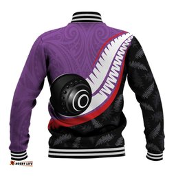 Personalised Aotearoa Lawn Bowls Baseball Jacket Maori and Silver Fern Sporty Style Purple Color LT03