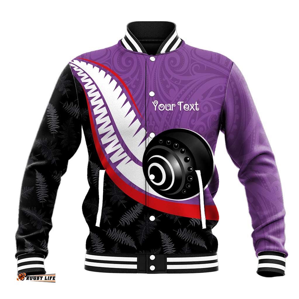 Personalised Aotearoa Lawn Bowls Baseball Jacket Maori and Silver Fern Sporty Style Purple Color LT03