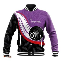 Personalised Aotearoa Lawn Bowls Baseball Jacket Maori and Silver Fern Sporty Style Purple Color LT03