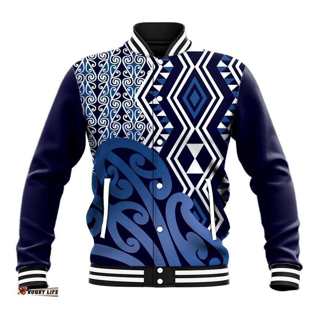 New Zealand Baseball Jacket Aotearoa Kowhaiwhai Mix Taniko Art - Blue LT14