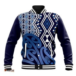 New Zealand Baseball Jacket Aotearoa Kowhaiwhai Mix Taniko Art - Blue LT14
