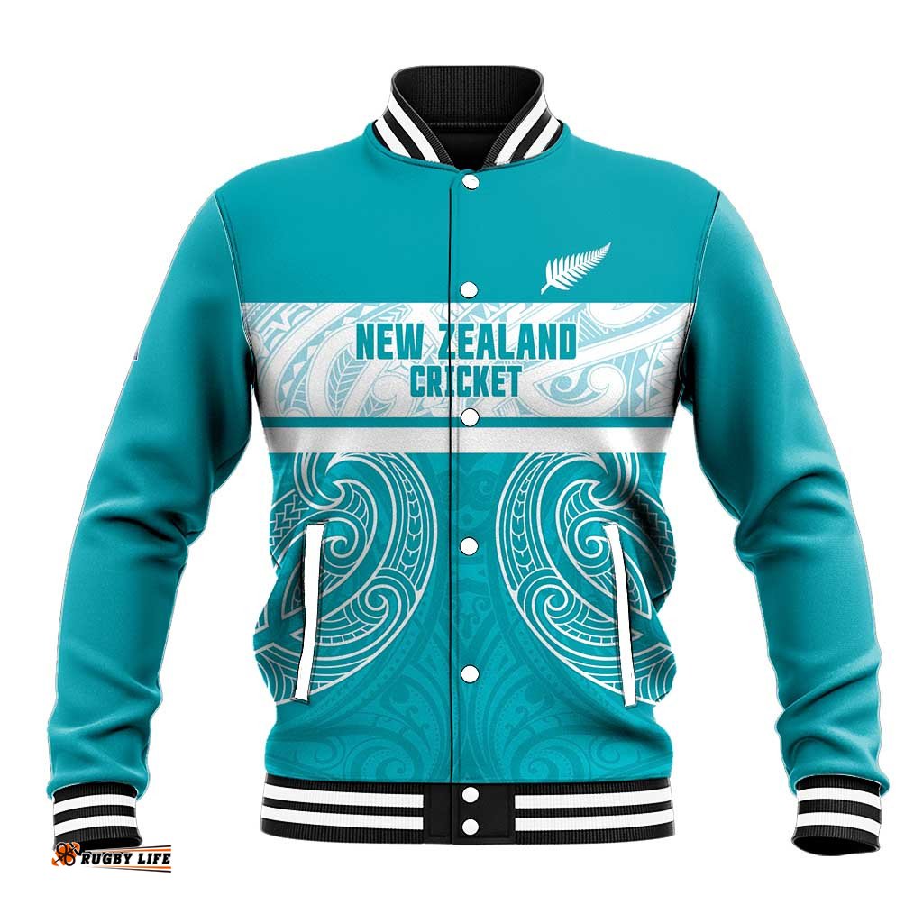 New Zealand Silver Fern Cricket Custom Baseball Jacket Black Cap Teal Maori Pattern LT14