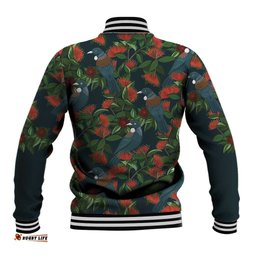 New Zealand Christmas Baseball Jacket Romantic Tui Birds on Pohutukawa - Cobalt LT7