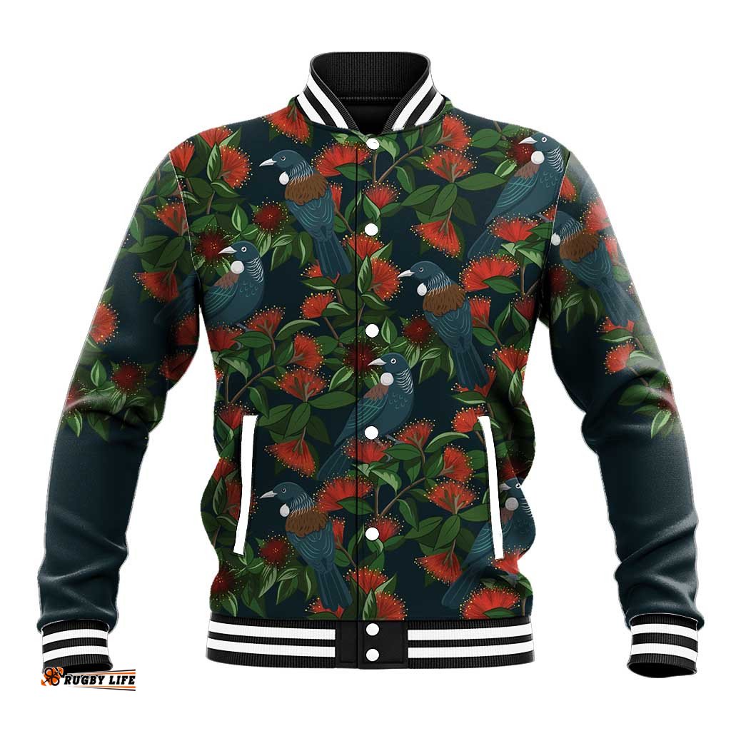 New Zealand Christmas Baseball Jacket Romantic Tui Birds on Pohutukawa - Cobalt LT7