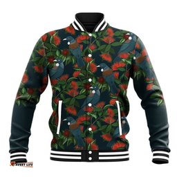 New Zealand Christmas Baseball Jacket Romantic Tui Birds on Pohutukawa - Cobalt LT7