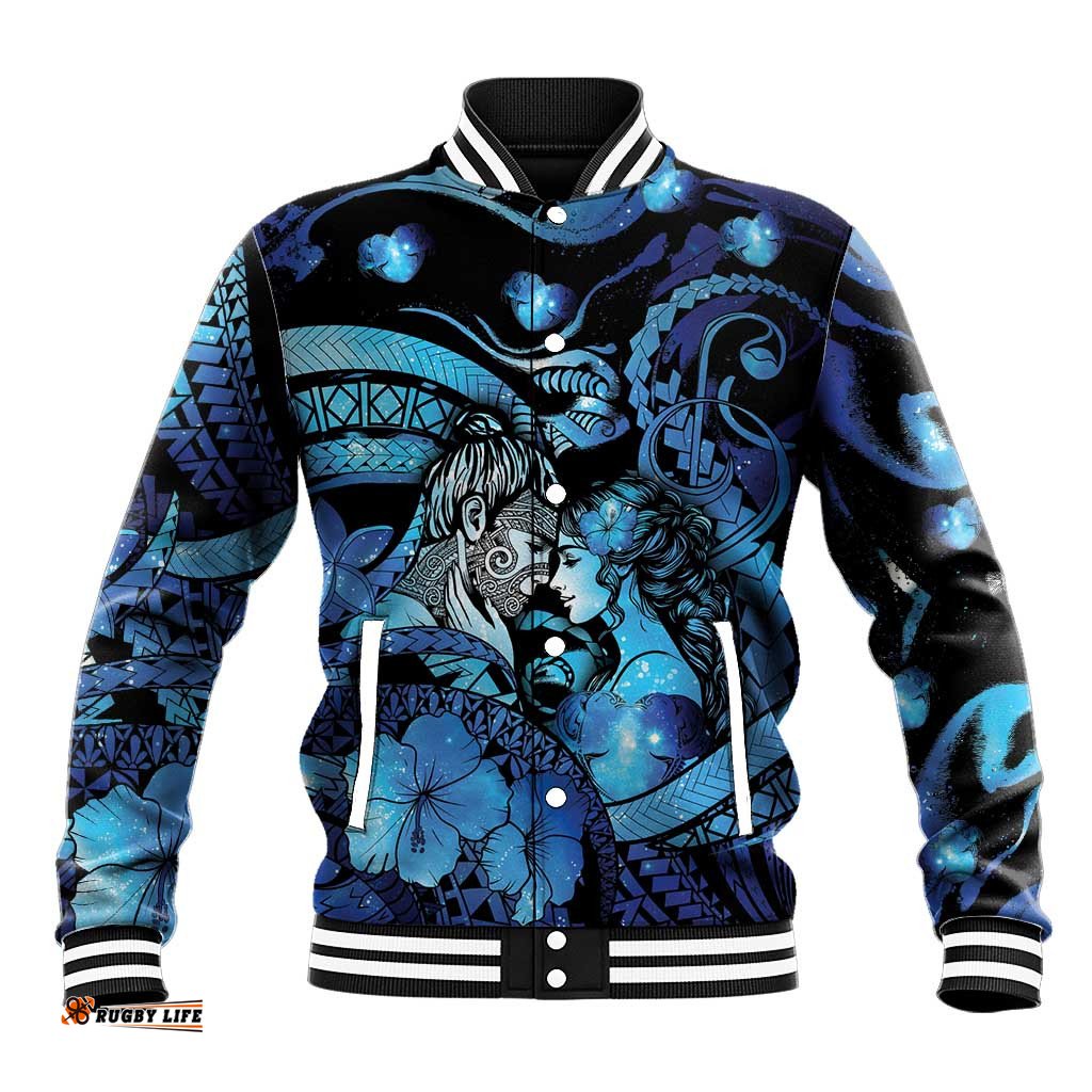 Personalised Maori Romantic Valentine Baseball Jacket The Hongi Kiss Blue Galaxy DT05
