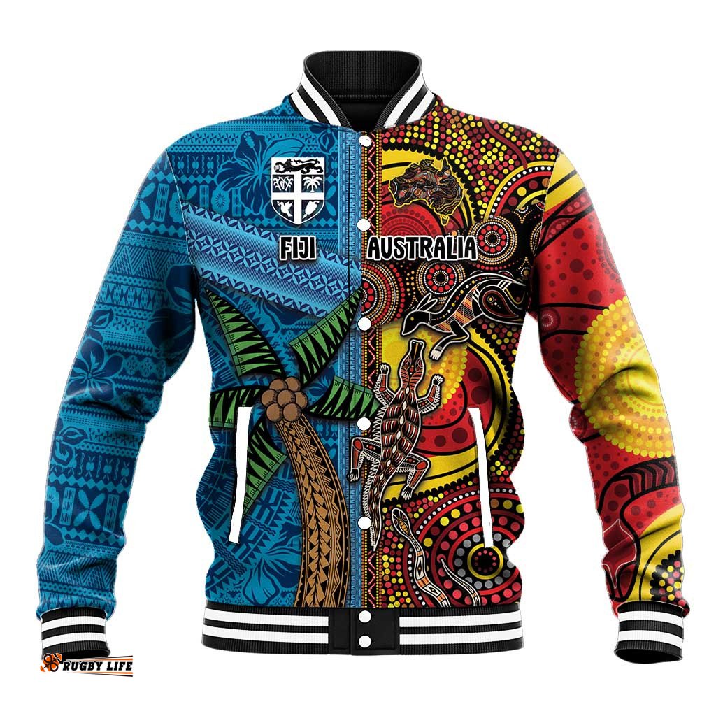Personalised Australia and Fiji Together Baseball Jacket Tribal Palm Tree with Tapa and Aboriginal Animals Half Style LT03