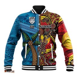Personalised Australia and Fiji Together Baseball Jacket Tribal Palm Tree with Tapa and Aboriginal Animals Half Style LT03