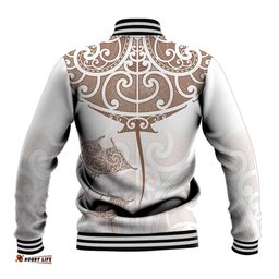 New Zealand Manta Ray Tattoo Baseball Jacket Aotearoa Maori Haehae Beige LT14