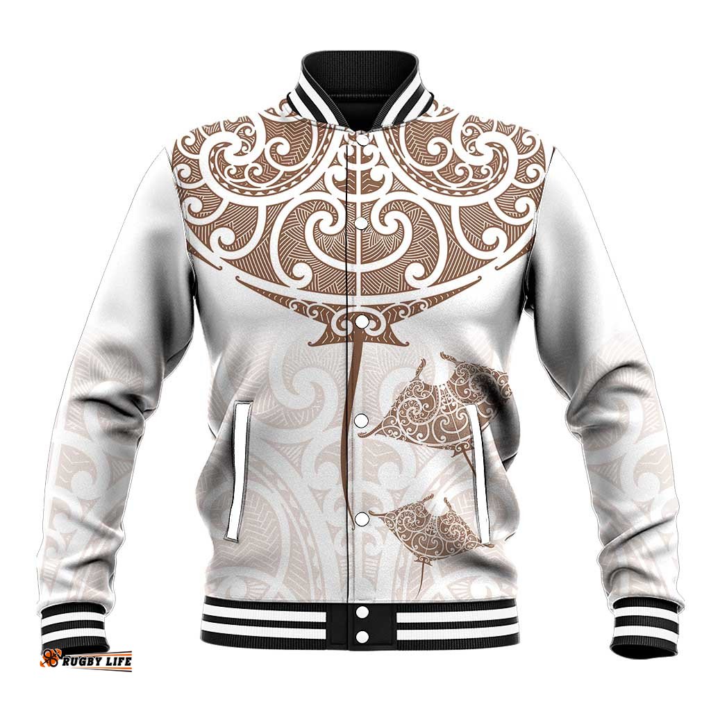 New Zealand Manta Ray Tattoo Baseball Jacket Aotearoa Maori Haehae Beige LT14