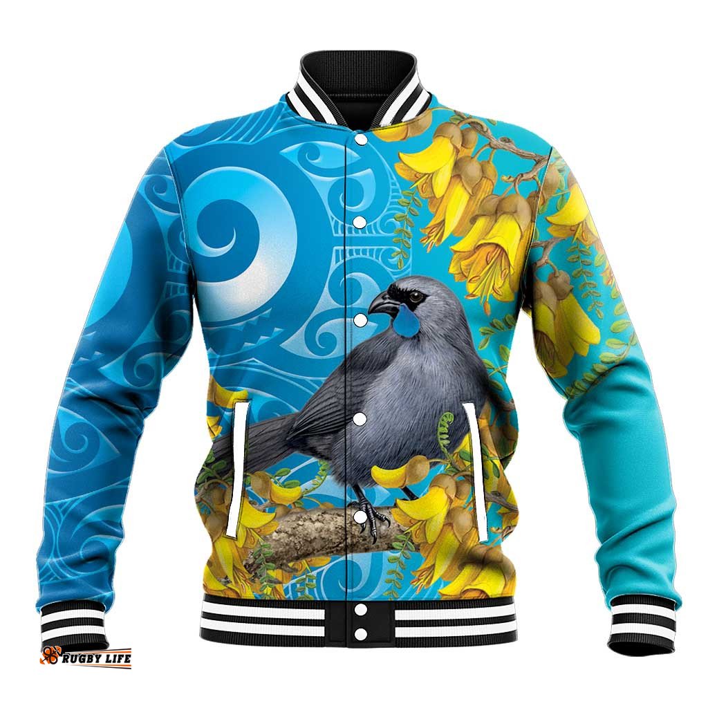 New Zealand Kokako Bird Baseball Jacket Maori Koru With Kowhai Flowers LT05