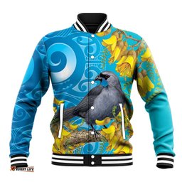 New Zealand Kokako Bird Baseball Jacket Maori Koru With Kowhai Flowers LT05