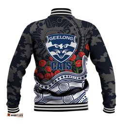 Geelong Cats ANZAC Day Baseball Jacket Indigenous Dot Art with Poppy Flower Tribute TS04