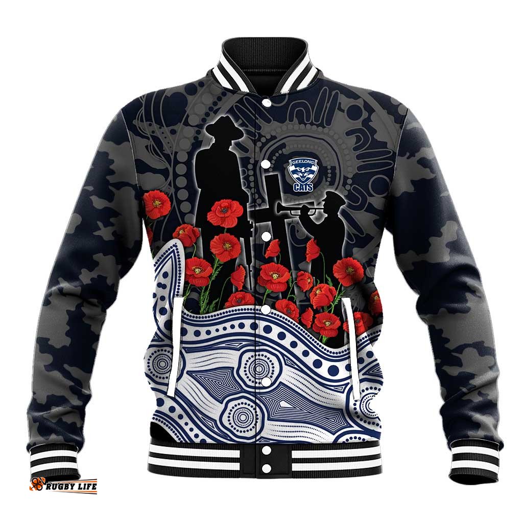 Geelong Cats ANZAC Day Baseball Jacket Indigenous Dot Art with Poppy Flower Tribute TS04