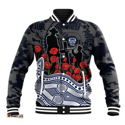 Geelong Cats ANZAC Day Baseball Jacket Indigenous Dot Art with Poppy Flower Tribute TS04
