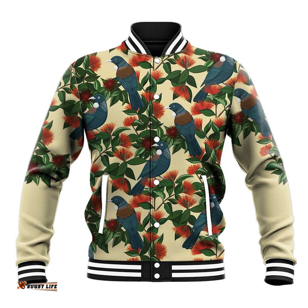 New Zealand Christmas Baseball Jacket Romantic Tui Birds on Pohutukawa - Ivory LT7