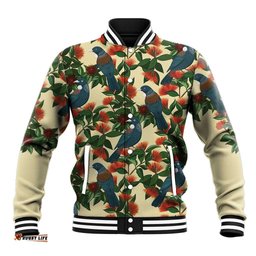 New Zealand Christmas Baseball Jacket Romantic Tui Birds on Pohutukawa - Ivory LT7