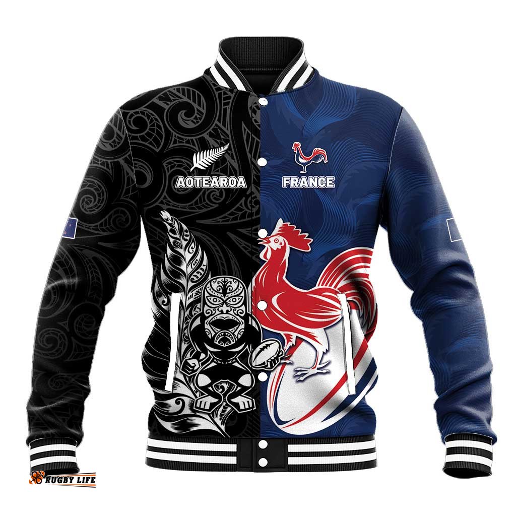 France And New Zealand Rugby Custom Baseball Jacket Les Bleus Rooster With Maori Tiki LT05