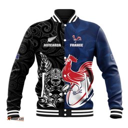 France And New Zealand Rugby Custom Baseball Jacket Les Bleus Rooster With Maori Tiki LT05