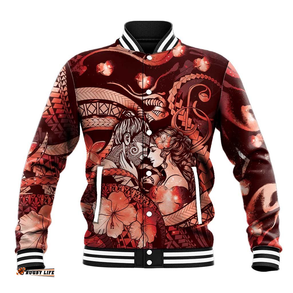Personalised Maori Romantic Valentine Baseball Jacket The Hongi Kiss Red Galaxy DT05