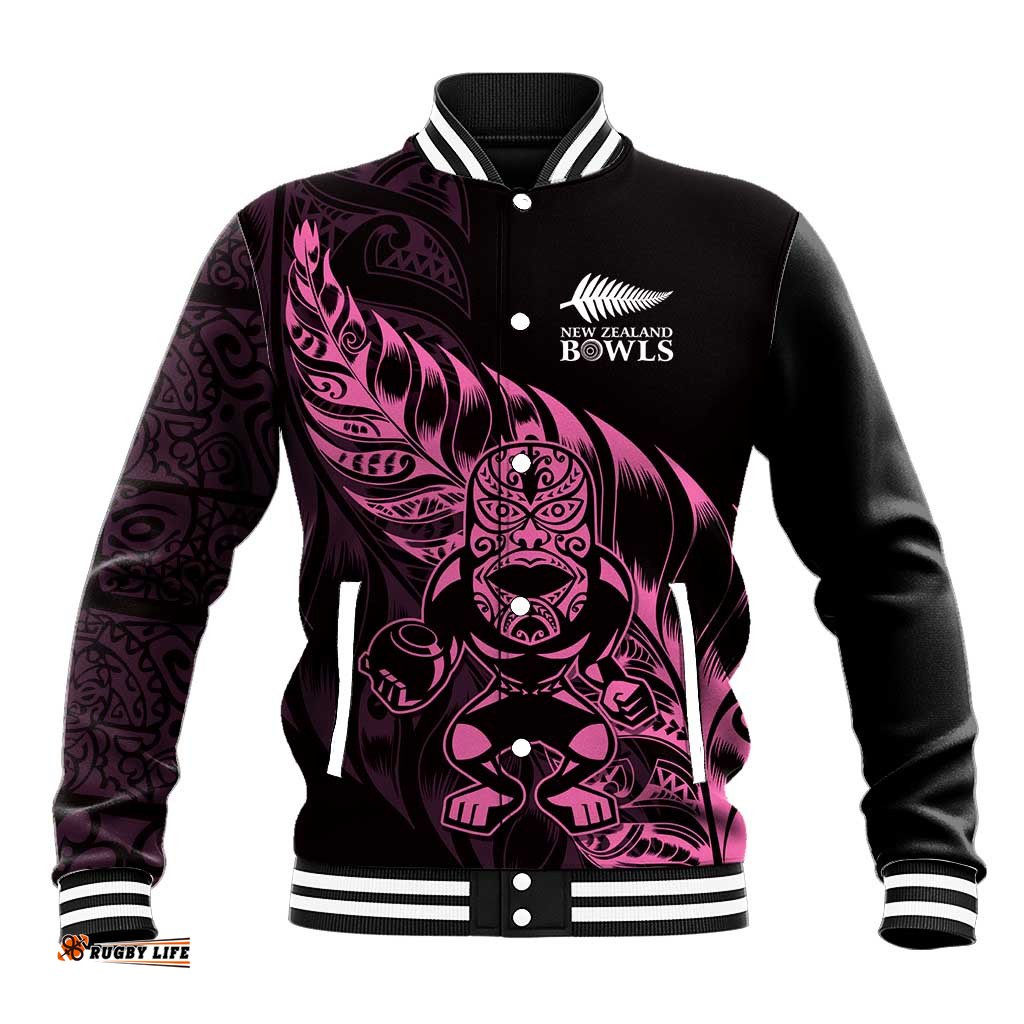 New Zealand Lawn Bowls Custom Baseball Jacket Pink Maori Warrior Tribal Silver Fern LT9