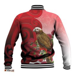 New Zealand Parrot Kaka Baseball Jacket Maori Koru With Pohutukawa Flowers LT05