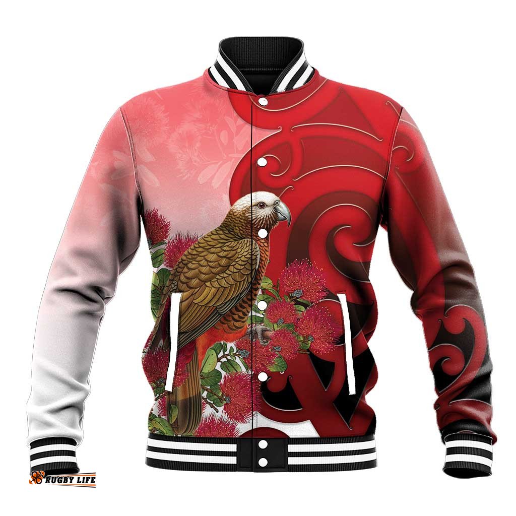 New Zealand Parrot Kaka Baseball Jacket Maori Koru With Pohutukawa Flowers LT05