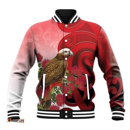 New Zealand Parrot Kaka Baseball Jacket Maori Koru With Pohutukawa Flowers LT05