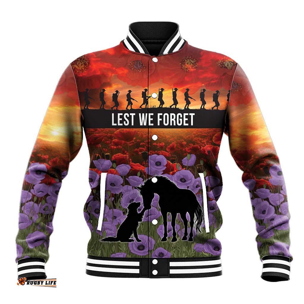 Personalised ANZAC Day Baseball Jacket Remembering the Animals of War LT19