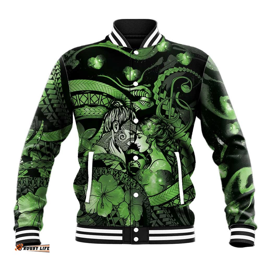 Personalised Maori Romantic Valentine Baseball Jacket The Hongi Kiss Green Galaxy DT05