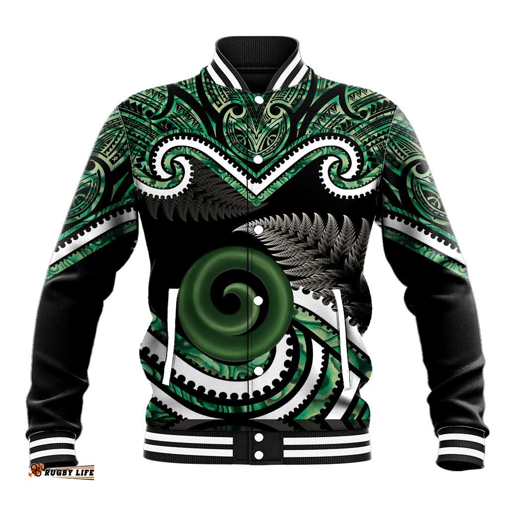 Koru Pounamu Aotearoa Baseball Jacket Maori Paua Shell Mix Silver Fern LT14